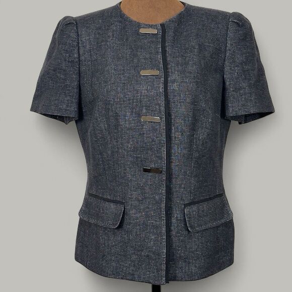 Women Tweed Linen Blend Blazer Size 8 Gray Cropped Office Career Teacher - Picture 1 of 8